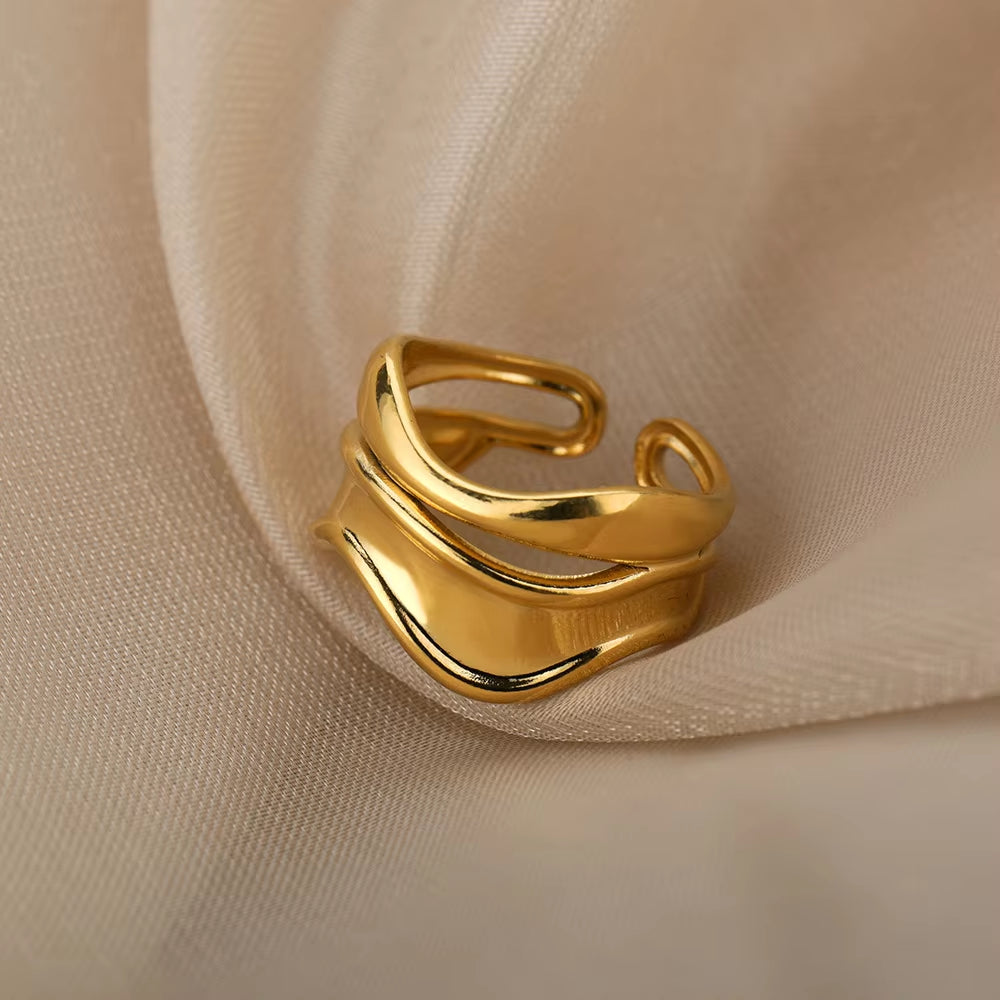 Luxury Wide Wave Rings for Women Gold Color Stainless Steel Ring 2024 Trend Elegant Aesthetic Jewelry Couple Gift Anillos Mujer